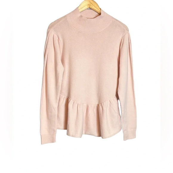 Eloquii Elements | Peplum Sweater Puff Sleeves Mock Neck Pink - Picture 3 of 10